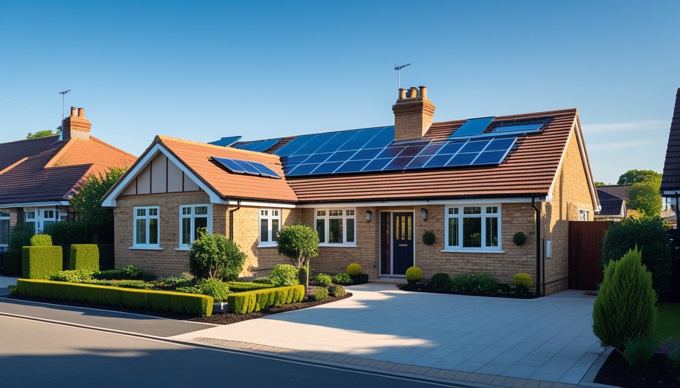 A UK bungalow with a unique roof combining traditional tiles and solar panels, surrounded by a garden and driveway under a clear sky.